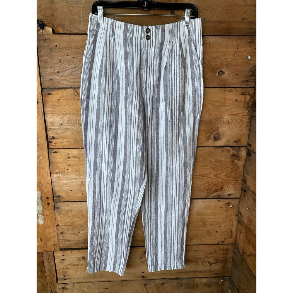 Garnet Hill Linen Trousers Women’s 8 Grey & White Striped Pockets